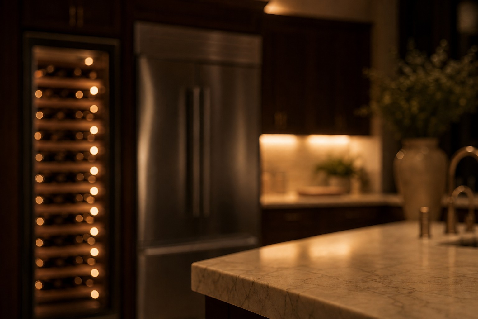 Modern Redwood Shores bayfront kitchen near the water at dusk