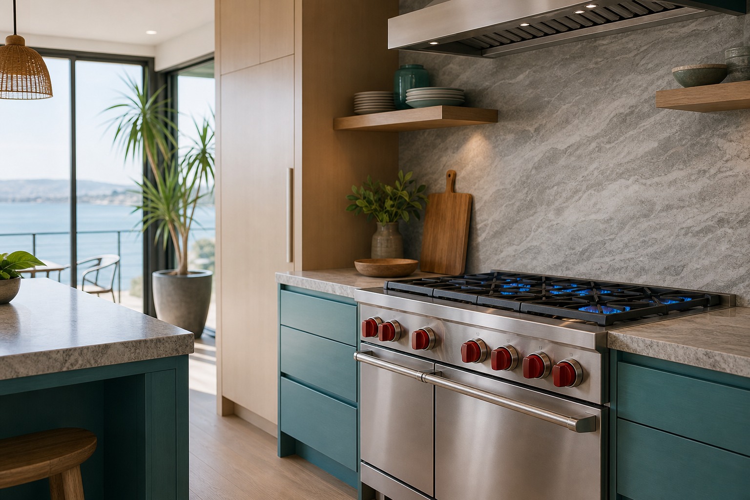 Wolf professional range in a modern Redwood City kitchen