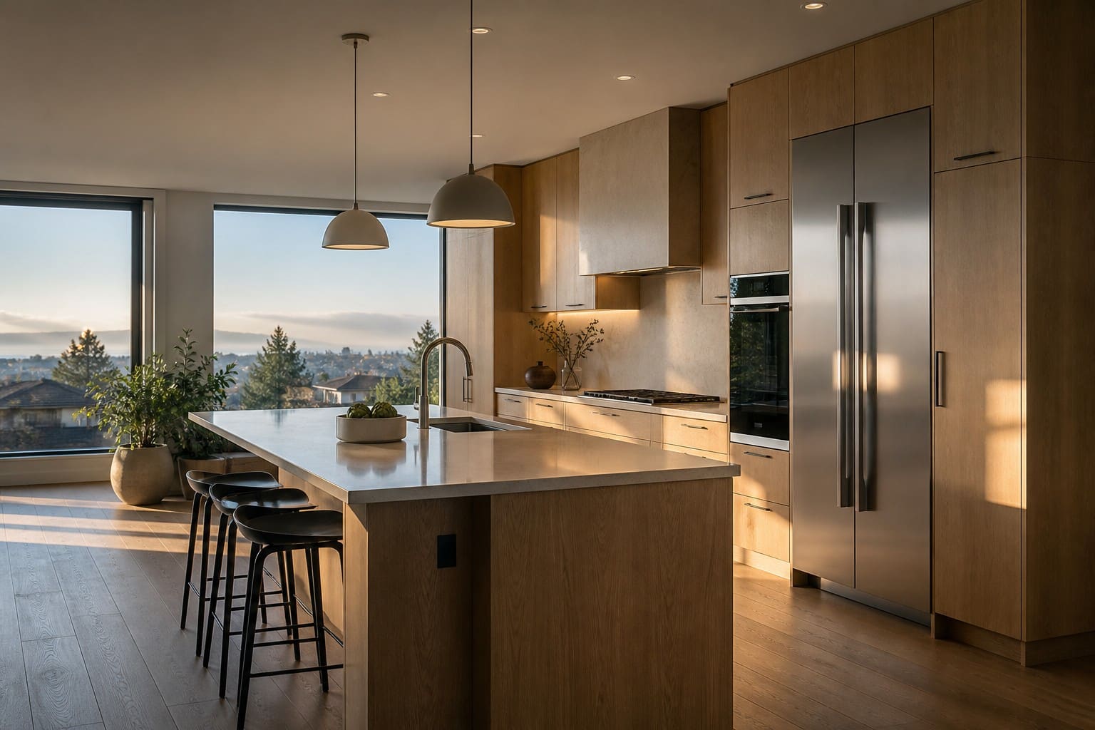 Mid-Peninsula kitchen with a built-in Sub-Zero refrigerator and Wolf range