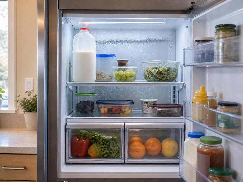 Built-in Sub-Zero column refrigerator interior in a Peninsula kitchen