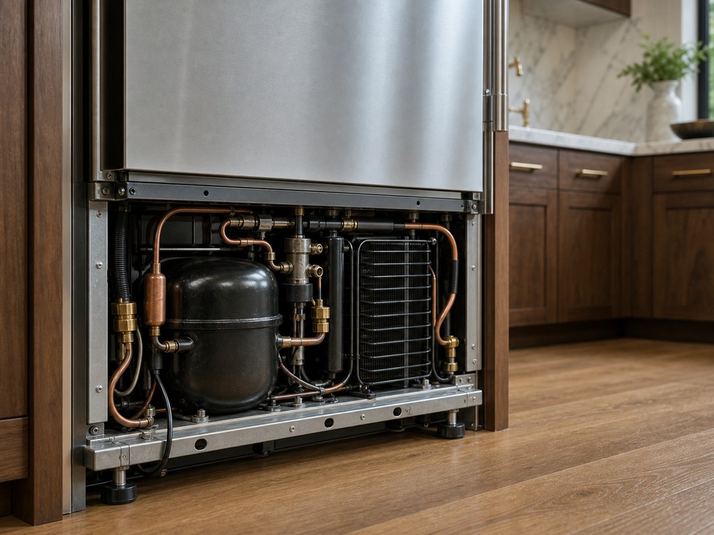 Exposed compressor and copper sealed-system lines of a built-in Sub-Zero