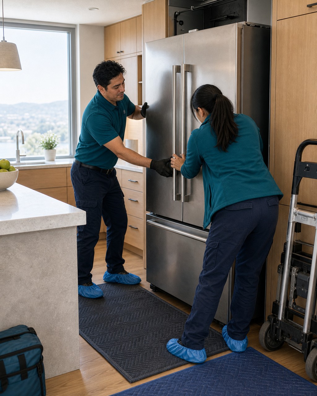 Two technicians carefully sliding a built-in Sub-Zero column out of its cabinet in a Redwood City kitchen