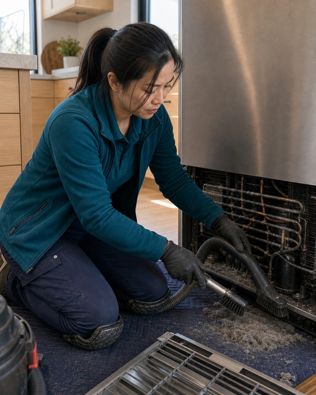 Technician brushing dust from the condenser coils at the base of a built-in Sub-Zero during a Redwood City service call
