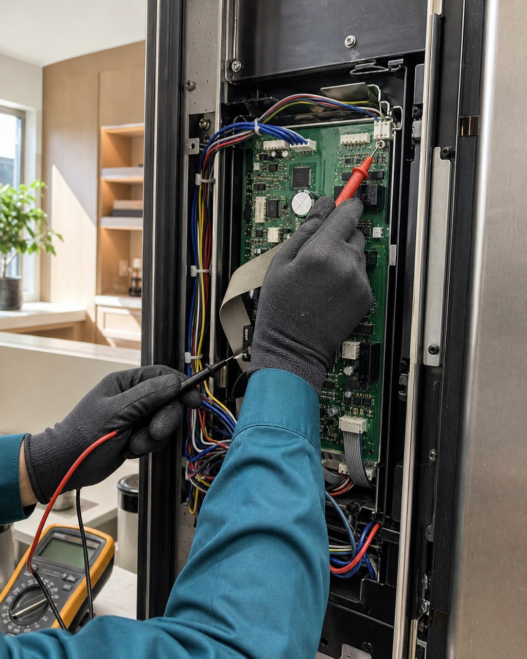 Technician diagnosing a Sub-Zero 600 Series control board in Redwood City