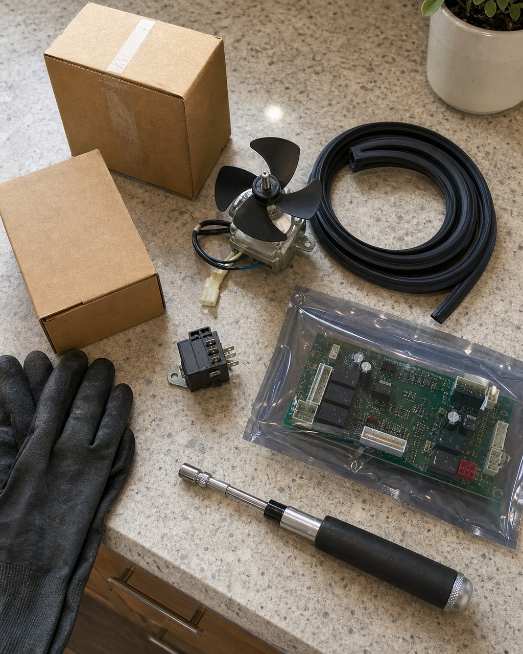 Genuine OEM Sub-Zero gasket and parts laid out for a Redwood City repair