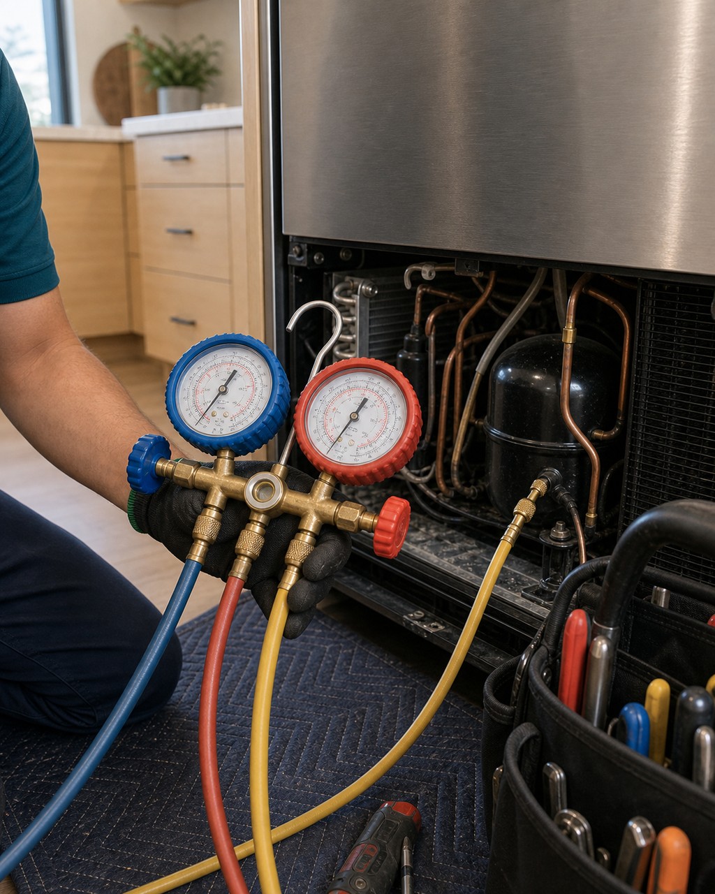 Refrigeration manifold gauges connected to a built-in Sub-Zero sealed system in Redwood City
